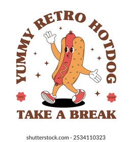 Mascota de logo retro con hotdog. Mascota de comida estupenda para bistro, pub, menú de cafetería y más.