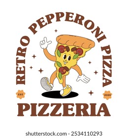 Retro logo mascot with pizza. Groovy food mascot for pizzeria, bistro, pub, cafe menu and more.
