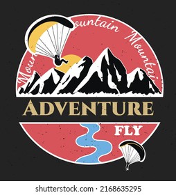 Retro logo with mountains and paragliders. Shabby style. Vector stock illustration. Lake. Extreme sport. Hiking