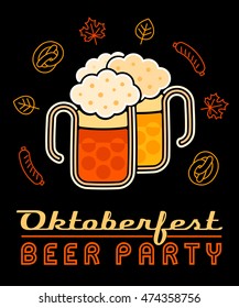The retro logo Oktoberfest beer party on a black background with an autumn leaves and a german traditional meal. The letters are original. Useful for design of bars, restaurants and beer delivery.