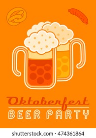 The retro logo Oktoberfest beer party on an orange background with a german meal pretzel and sausage. The letters are original. Useful for design of bars, restaurants and beer delivery service.