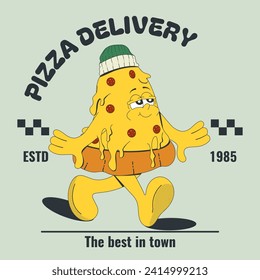 Retro logo, print, sticker, poster "Pizza Delivery". Vector illustration: Cartoon mascot funny pizza