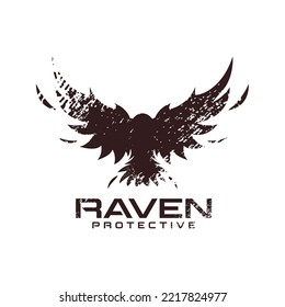 Logo retro Pájaro de Raven en vuelo sobre fondo blanco 