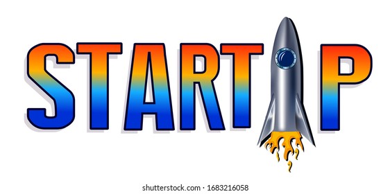 Retro logo with a rising rocket. Startup technology concept. Wall stickers