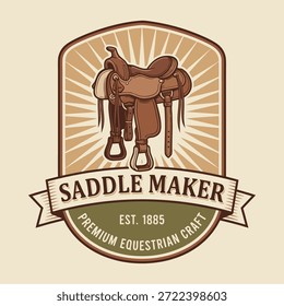 Logotipo retro para um fabricante de sela, com uma sela detalhada e data estabelecida, representando uma embarcação equestre premium.
