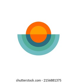 Retro logo of sea and sun. Icon for travel agency. Sea and sun geometric yellow and blue sign. Vector graphic design