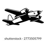 Retro logo style illustration of a B-26 Marauder, an American twin-engined medium bomber flown during World War II, in full flight done in black and white on isolated background.