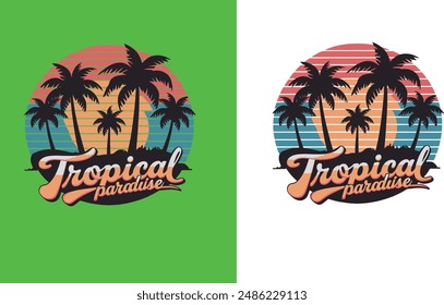 Retro logo style vector of palm tree silhouettes on a beach, Tropical Paradise, Sunshine State , typography with illustration.