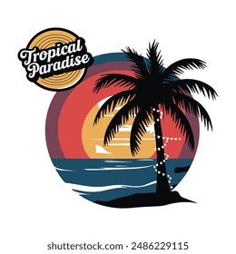 Retro logo style vector of palm tree silhouettes on a beach, Tropical Paradise, Sunshine State , typography with illustration.