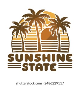 Retro logo style vector of palm tree silhouettes on a beach, Tropical Paradise, Sunshine State , typography with illustration.