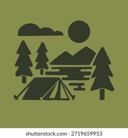 Logotipo retro Ilustración vectorial campamento de campamento de aventura en el parque nacional de la naturaleza de la selva montañosa. Equipo de suministro de diseño de ropa al aire libre retro