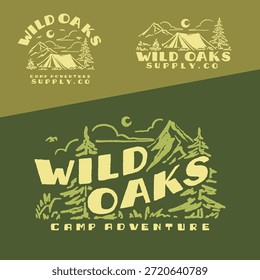 Logotipo retro Ilustración vectorial camping campfire aventura en el parque nacional de la naturaleza del bosque de montaña. Equipo de suministro de diseño de ropa al aire libre retro