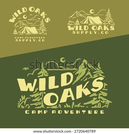 Retro logo vector illustration camping campfire adventure on mountain forest nature national park. Retro outdoor apparel design supply gear