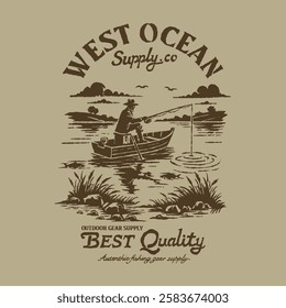 Retro logo vector illustration fisherman fishing adventure on river forest nature national park. Retro outdoor apparel design supply gear