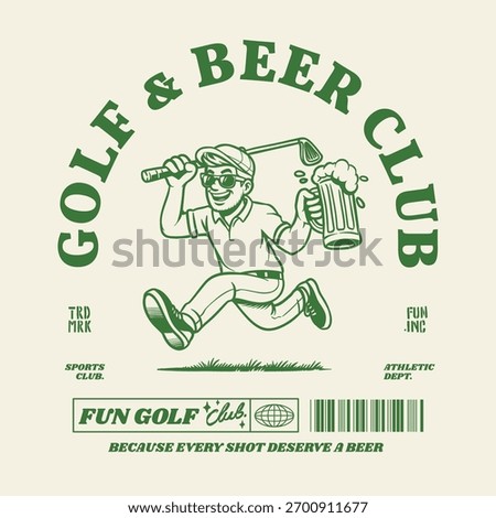 Retro logo vector illustration golf beer golfer golfing sports recreation park. Retro outdoor apparel design supply gear