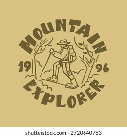 Logotipo retro Ilustración vectorial de senderismo aventura en el parque nacional de la naturaleza del bosque de montaña. Equipo de suministro de diseño de ropa al aire libre retro