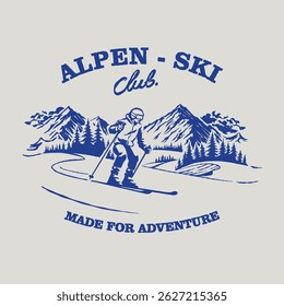 Retro logo vector illustration skier adventure on mountain snow nature national park. vintage outdoor apparel design supply gear