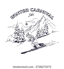 Retro logo vector sketch illustration drawing skier adventure ski on mountain snow nature national park. vintage outdoor apparel design supply gear