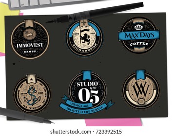 Retro logos and emblems set. Marine round retro emblem in hipster style with anchor and inscriptions. Lion logo. Element for the brand identity, Vector illustration
