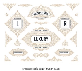 Retro logos, monogram and frames set. Luxury gold border, page divider, label, crest. Vector Vintage Flourishes Calligraphic Design elements. Royal islam ornate