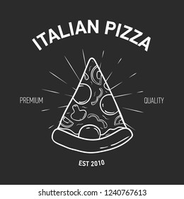 Retro logotype with pizza slice and radial rays drawn with white contour lines on black background. Vector illustration in vintage style for label or logo of Italian restaurant, delivery service.