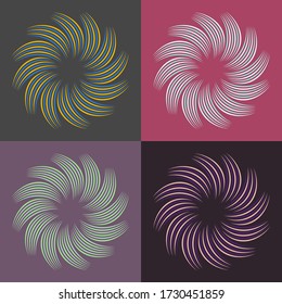 Retro logotype set. Vector round shapes. Vintage logo collection. Minimalist logotypes. Retro colored rays. Abstract flower. Radial floral logo. Linocut strokes.