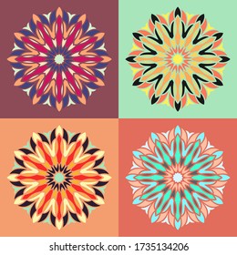 Retro logotype set. Vector round shapes. Vintage logo collection. Minimalist logotypes. Retro colored mandala. Abstract flower. Floral logo.