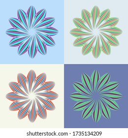 Retro logotype set. Vector round shapes. Vintage logo collection. Minimalist logotypes. Retro colored rays. Abstract flower. Radial floral logo.