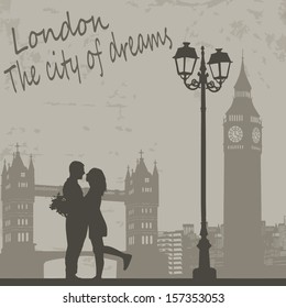 Retro London grunge poster with lovers and city scape, vector illustration