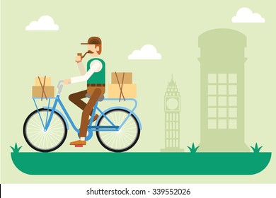 Retro London postman on a bicycle. Vector flat illustration