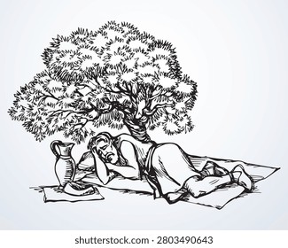 Retro lone dirty sad upset jew guy Jacob summer night calm nap desert park tree plant shrub branch leaf ground God Jesus Christ faith story art. East Arab cloth hand drawn ill sick tired grief jewish Moses drink water jar jug pitcher drunk die crisis