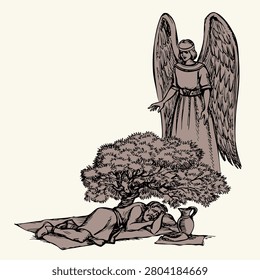 Retro lone sad upset poor jew guy beggar calm nap dark night desert forest tree plant shrub leaf foliage ground pray God faith poverty story art. East Arab cloth hand drawn ill sick tired grief jewish pauper prayer Jacob drink jar jug pitcher crisis