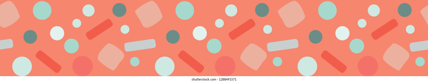 Retro look confetti, seamless vector border. Small rounded geometric shapes on a coral background, great for graphic design, textile edging, ribbon, washi tape, tea towels and wallpaper borders.