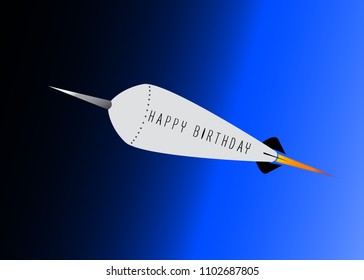 A retro look rocket ship with the message Happy Birthday over a darkening sky background