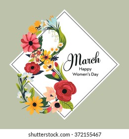 Retro looking International Women's Day 8 March banner template with floral ornamental number symbol made from chamomiles, daisies, asters, blossoms, bellflowers