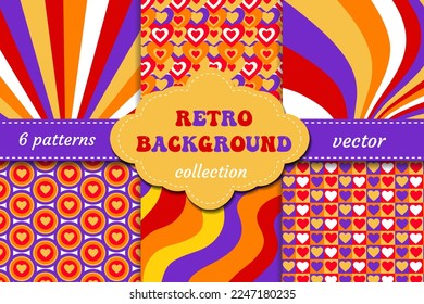 Retro love 70s 60s patterns. Set geometric ornaments with hearts. Vector.