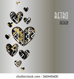 Retro love card. Heart design with silver background text retro design. Valentines day love card template. Background in golden, silver, white and black art deco outline style. Vector illustration.