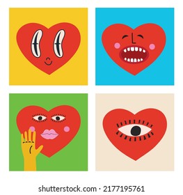 Retro love crazy and smeared heart smiley face. Hippie groovy smile character vector set. Valentine day concept. Vector illustration