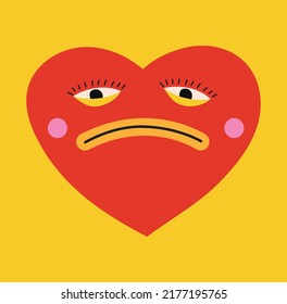 Retro love crazy and smeared heart smiley face. Hippie groovy smile character vector set. Valentine day concept.