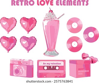 RETRO LOVE ELEMENTS - CASSETTE, CAMERA, HEART BALLONS, SUNGLASSES, VINYL DISK.