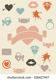 retro love icons with banner
