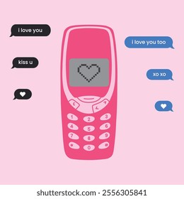 Retro love messages on pink vintage mobile phone. Perfect for Valentine's Day or romantic designs.