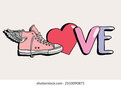  Gráfico de eslogan de amor retro con zapatos deportivos alados, Vector, ilustración dibujada a mano