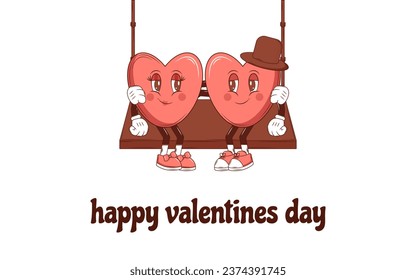 Retro lovely cartoon heart card. Cute Groovy trendy concept with inscription Happy Valentines Day. Trendy retro 60s 70s style. Red, pink colors. Vector illustration