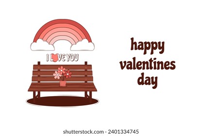 Retro lovely cartoon heart card. Cute Groovy trendy concept with inscription Happy Valentines Day. Trendy retro 60s 70s style. Red, pink colors. Vector illustration
