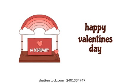 Retro lovely cartoon heart card. Cute Groovy trendy concept with inscription Happy Valentines Day. Trendy retro 60s 70s style. Red, pink colors. Vector illustration