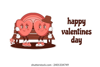 Retro lovely cartoon heart card. Cute Groovy trendy concept with inscription Happy Valentines Day. Trendy retro 60s 70s style. Red, pink colors. Vector illustration