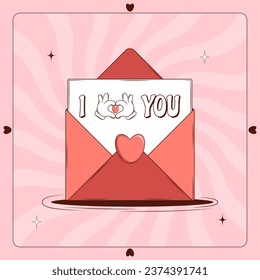 Retro lovely cartoon heart poster. Cute Groovy Love letter. Happy Valentines Day. Trendy retro 60s 70s style. Flyer, card, print. Red, pink colors. Vector illustration
