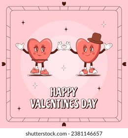 Retro lovely cartoon heart poster. Groovy couple in love Characters hearts. Happy Valentines Day. Trendy retro 60s 70s style. Flyer, card, print. Red, pink colors. Vector illustration