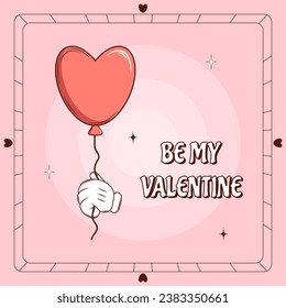 Retro lovely cartoon heart poster. Cute Groovy Heart like a balloon in the hand. Happy Valentines Day. Trendy retro 60s 70s style. Flyer, card, print. Red, pink colors. Vector illustration